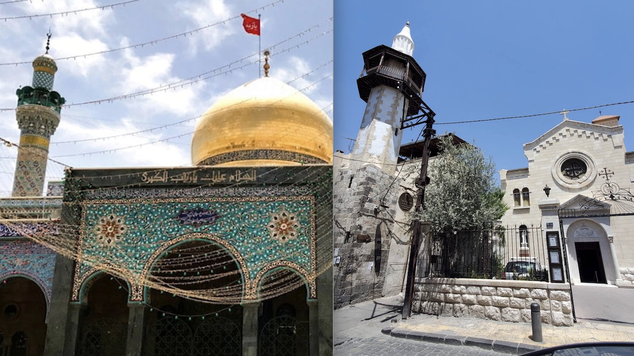 In the cover image Muslim Sayyeda Zainab shrine and St. George’s Syriac Orthodox Church in Damascus 