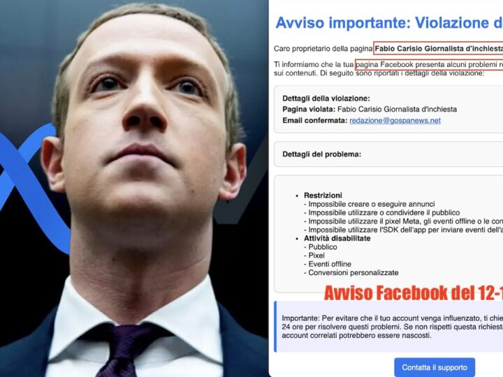 MENZOGNE DI ZUCKERBERG. Annuncia Stop ai Fact-Checkers per Evitare Sanzioni di Trump ma BANNA il Direttore di Gospa News (già Censurata)