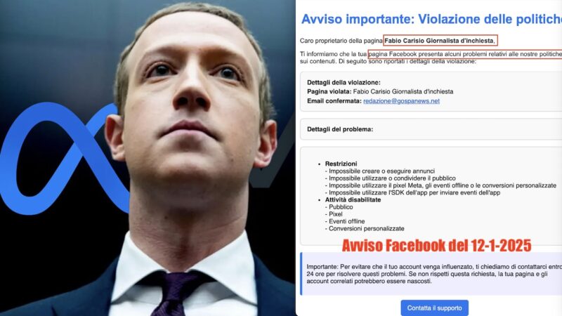 MENZOGNE DI ZUCKERBERG. Annuncia Stop ai Fact-Checkers per Evitare Sanzioni di Trump ma BANNA il Direttore di Gospa News (già Censurata)