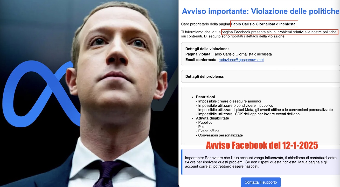 MENZOGNE DI ZUCKERBERG. Annuncia Stop ai Fact-Checkers per Evitare Sanzioni di Trump ma BANNA il Direttore di Gospa News (già Censurata)